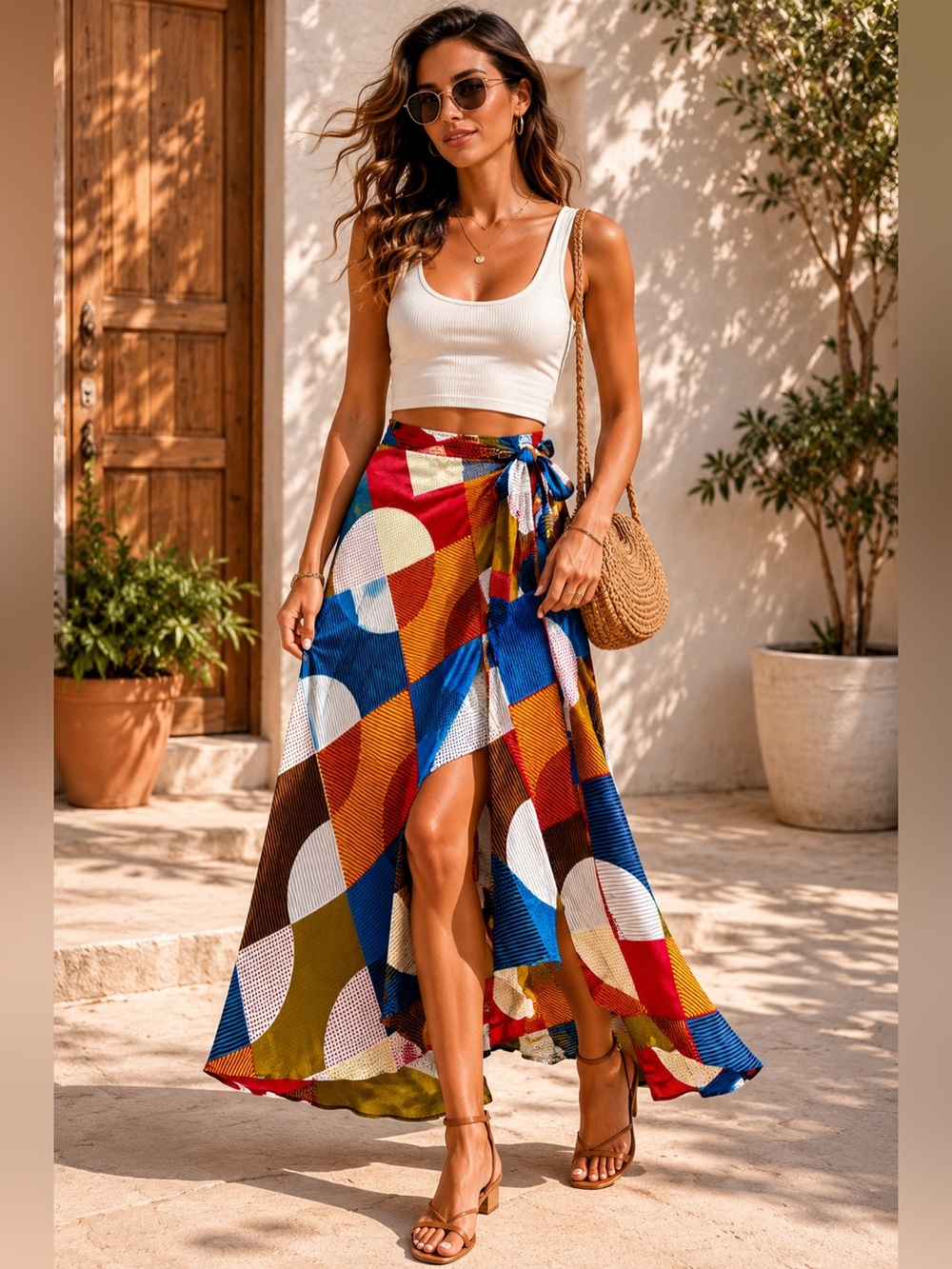 NWOT African Batik Wrap Skirt OS Colorful Geometric Wax Print Maxi Boho